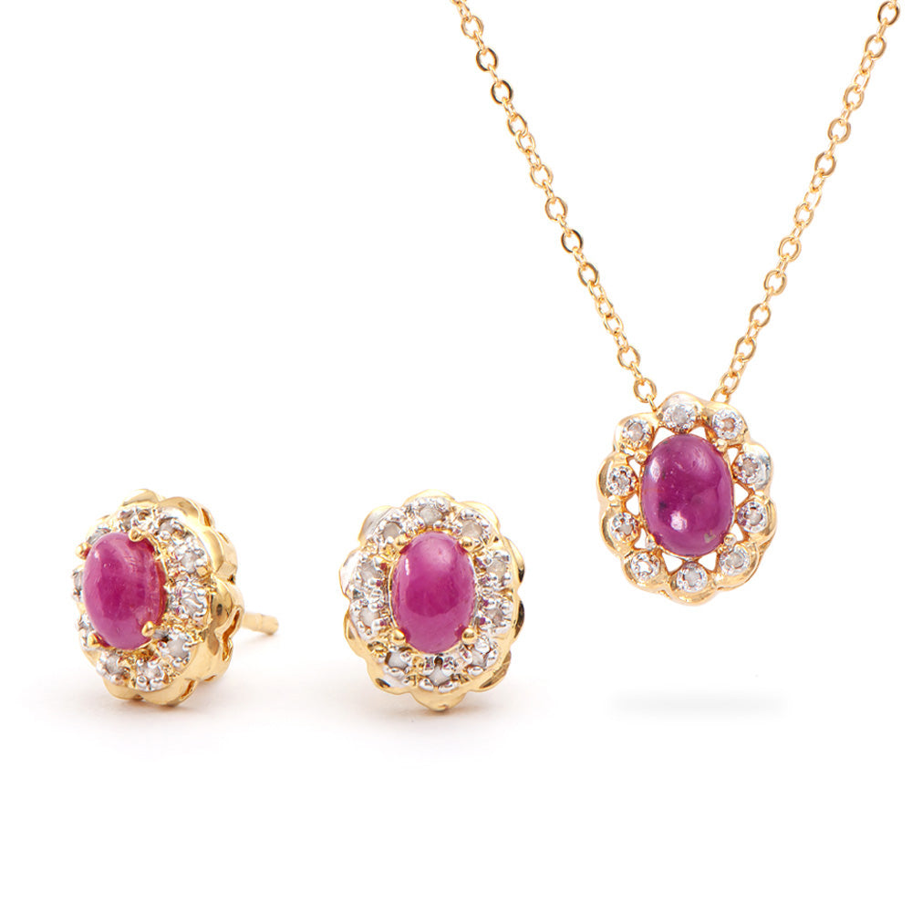 Plated 18KT Yellow Gold 2.80ctw Ruby and Diamond Pendant with Chain and Earrings