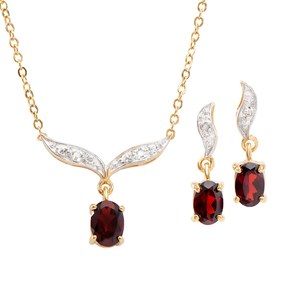 Plated 18KT Yellow Gold 1.70ctw Garnet and Diamond Pendant with Chain and Earrings