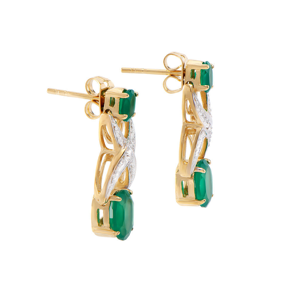 Plated 18KT Yellow Gold 2.65ctw Green Agate and Diamond Earrings