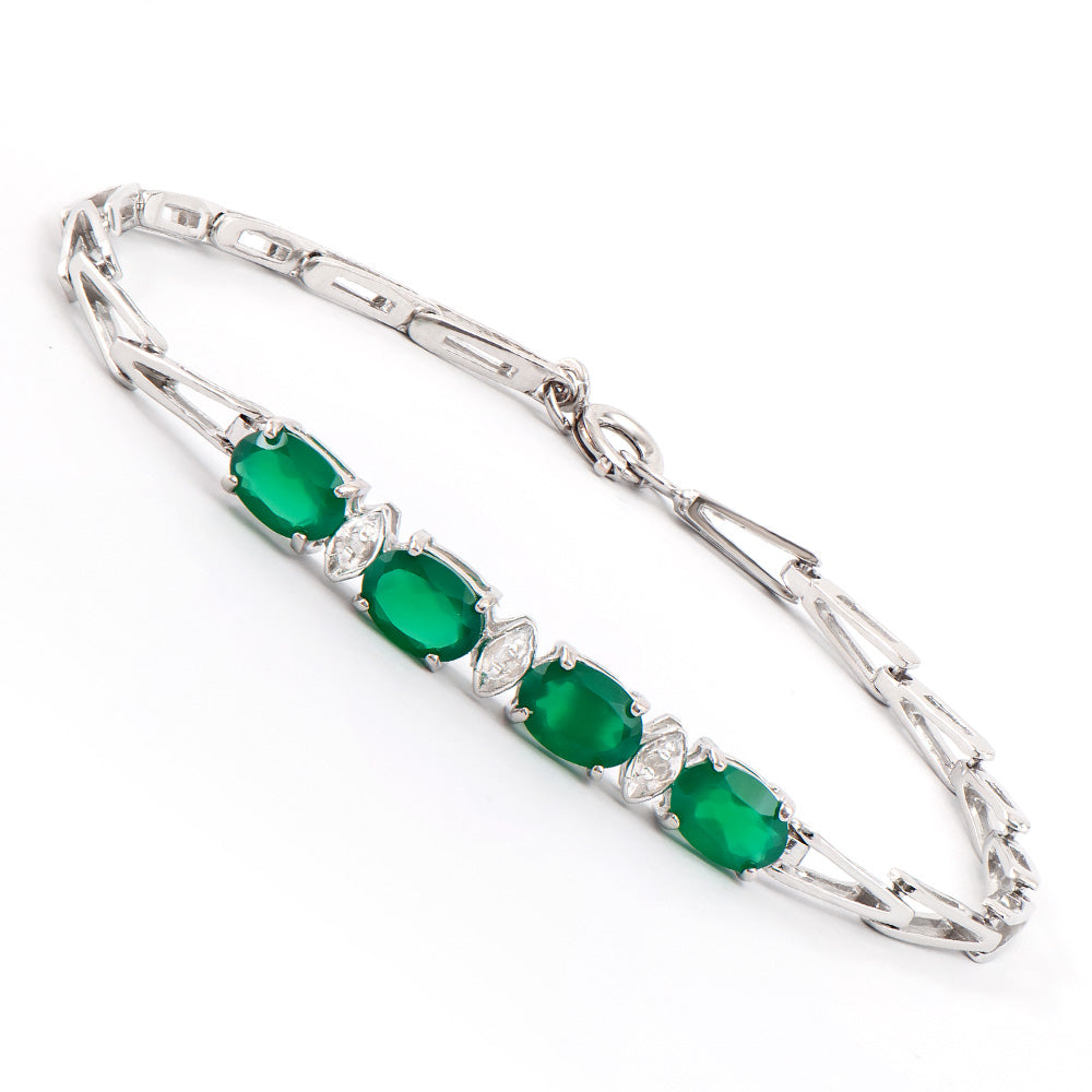 Plated Rhodium 2.55ctw Green Agate and Diamond Bracelet