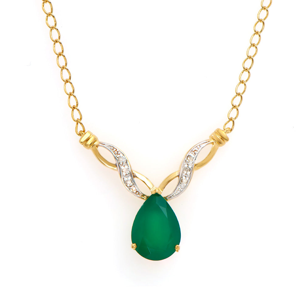 Plated 18KT Yellow Gold 3.55ct Green Agate and Diamond Pendant with Chain