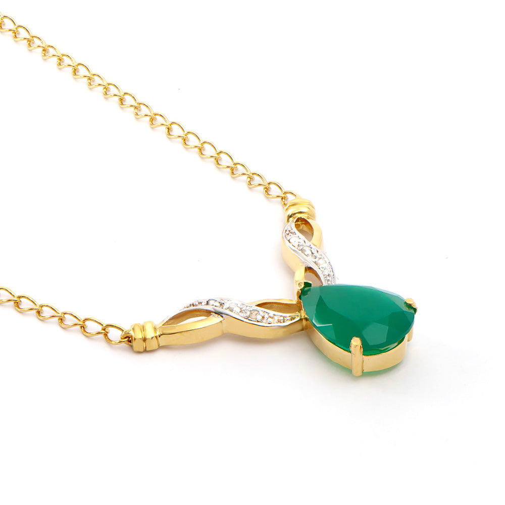 Plated 18KT Yellow Gold 3.55ct Green Agate and Diamond Pendant with Chain
