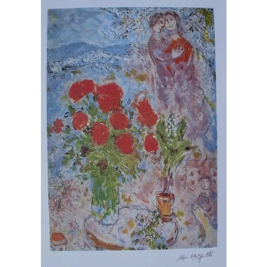 Red Bouquet with Lovers Lithograph