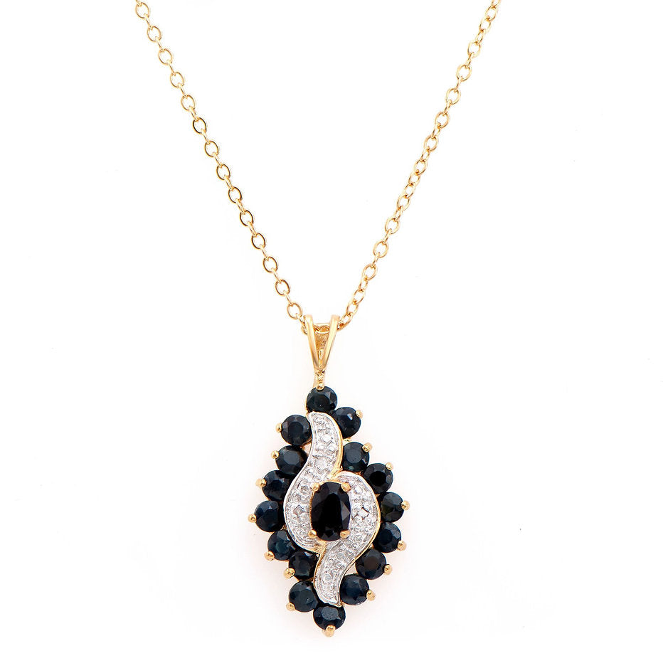 Plated 18KT Yellow Gold Black Sapphire and Diamond Pendant with Chain