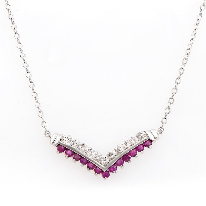 Plated Rhodium Ruby and Diamond Pendant with Chain