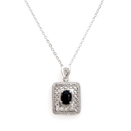 Plated Rhodium 1.53ct Black Sapphire and Diamond Pendant with Chain