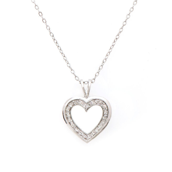Plated Rhodium Diamond Heart Pendant with Chain