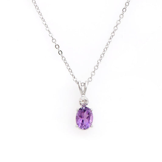 Plated Rhodium Amethyst and Diamond Pendant with Chain