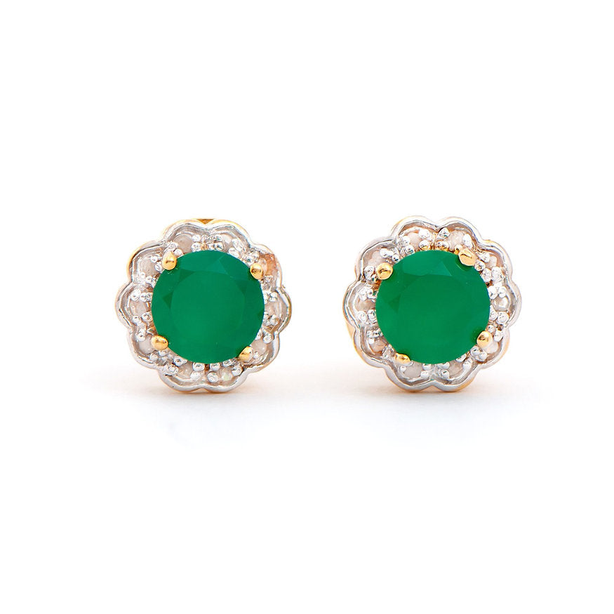 Plated 18KT Yellow Gold Green Agate and Diamond Earrings