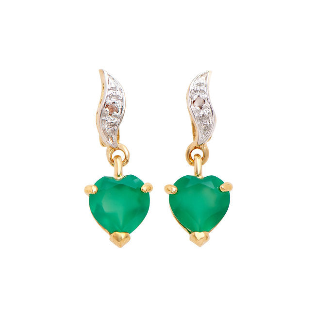 Plated 18KT Yellow Gold Green Agate and Diamond Earrings