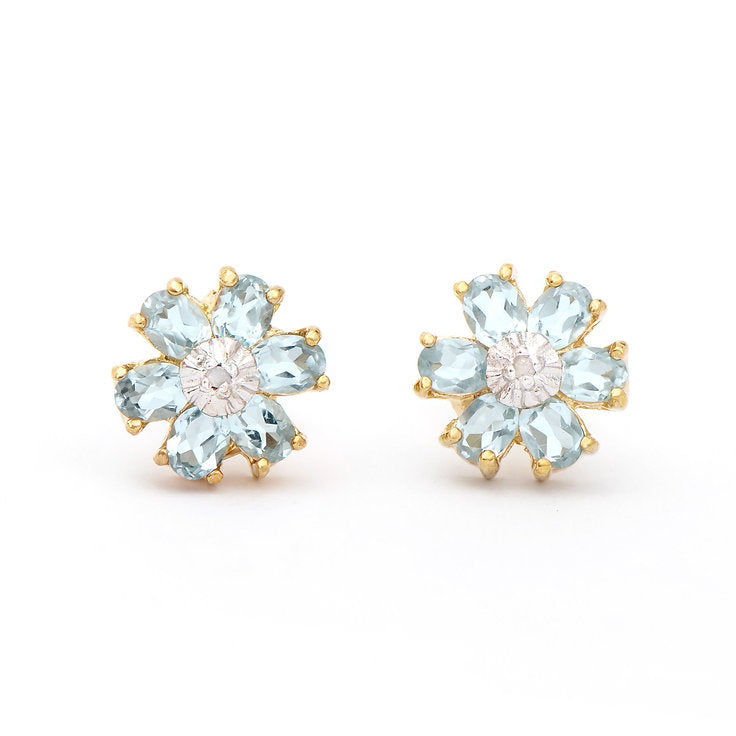 Plated 18KT Yellow Gold Blue Topaz and Diamond Earrings