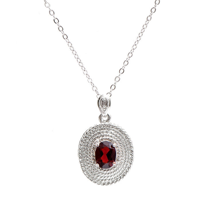 Plated Rhodium Garnet and Diamond Necklace