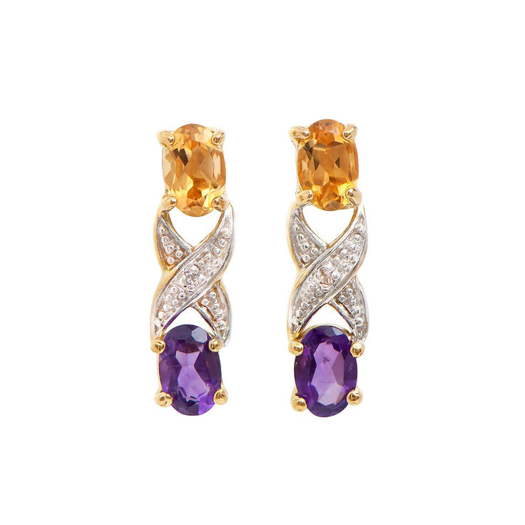 Plated 18KT Yellow Gold Amethyst Citrine and Diamond Earrings