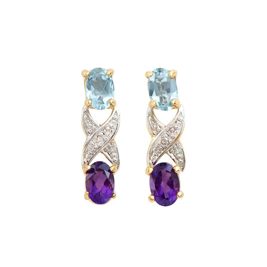 Plated 18KT Yellow Gold Amethyst Blue Topaz and Diamond Earrings