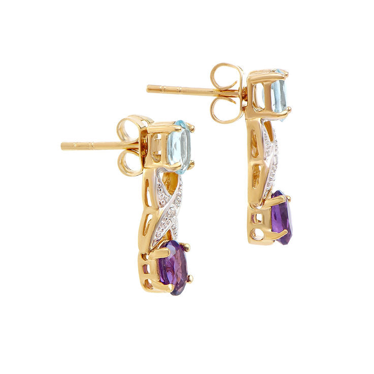 Plated 18KT Yellow Gold Amethyst Blue Topaz and Diamond Earrings