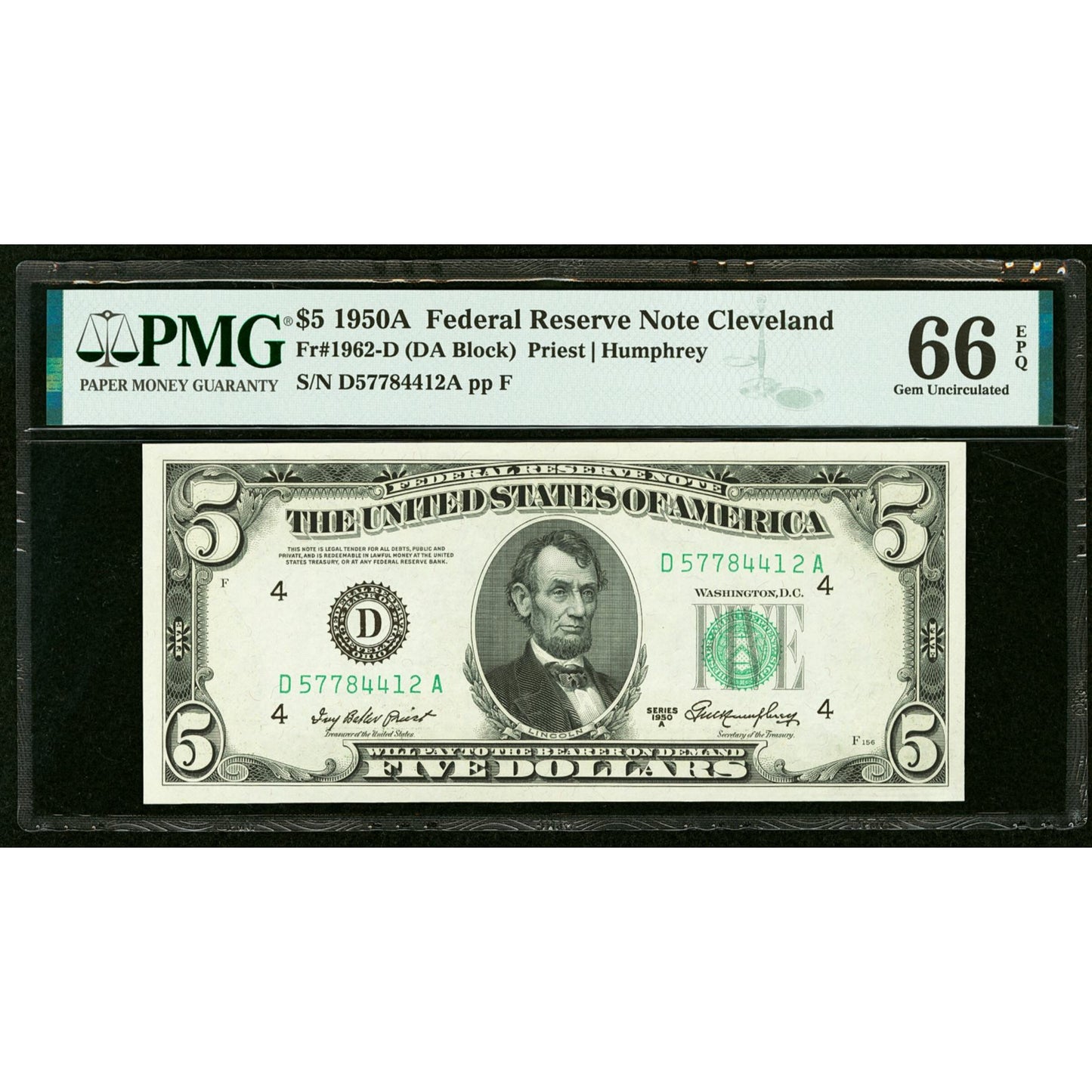 1950A $5 Cleveland FRN PMG 66EPQ